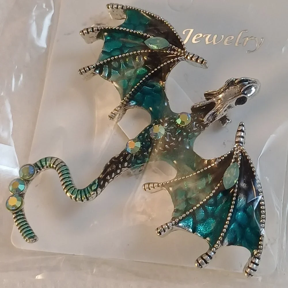 NWT Dragon Flying Pteradactyl Pin Brooch Metallic Halloween Jewelry AQUA BLUE - Picture 4 of 12